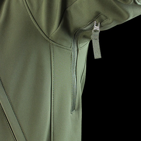 Close-up of the Condor Summit Softshell Jacket sleeve in green, showing a zippered pocket, seam detailing, and design focused on enhanced thermal insulation.